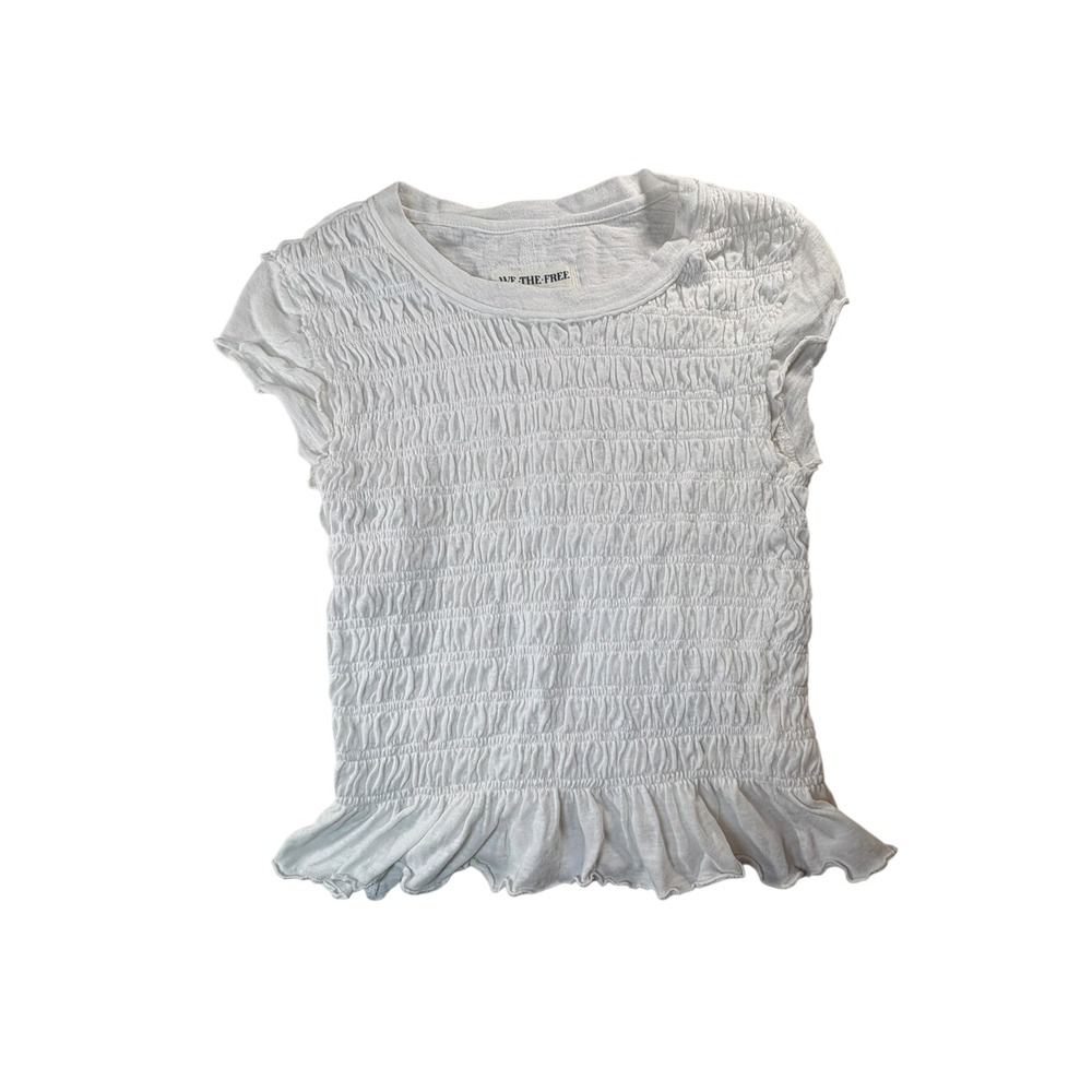 We The Free Smocked Baby Tee Womens XS White Excellent Ruffle Hem Short Sleeve